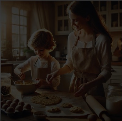 Un enfant et un adulte faisant de la pâtisserie ensemble dans une cuisine.