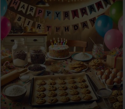 Table décorée pour un anniversaire, avec des ballons colorés, des guirlandes, un gâteau décoré, des assiettes et des couverts assortis